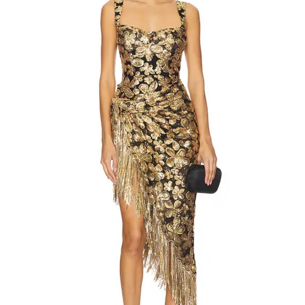 For Love And Lemons Anisa Asymmetrical Fringe Midi Black & Gold Party Dress